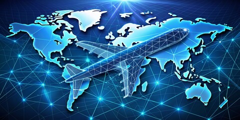Fototapeta premium Low Poly Wireframe Airplane Over World Map: Global Trade and Transportation Concept on Technology Blue Background for Innovative Product Photography