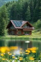 Fototapeta premium Eco Friendly Wooden Cabin Nestled in Serene Mountain Landscape with Tranquil Lake Reflection
