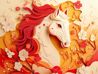 Horse chinese horoscope, zodiac for lunar new year with peonies in white, red and orange hues done on papercut art style