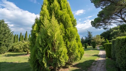 Obraz premium Lush Green Trimmed Thuja Arbor Vitae: A Stunning Display of Evergreen Coniferous Trees in a Serene Landscape Capturing Nature's Tranquility and Year-Round Beauty