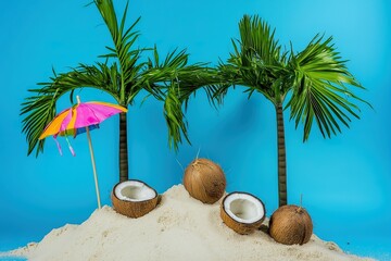 Obraz premium Coconuts with umbrellas and palm trees on a blue background.