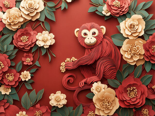Year of the Monkey Chinese Horoscope and Zodiac in paper art style for Lunar New Year
