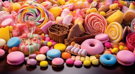 delicious sweets on abstract background, colored chocolates and sweets on the table, colorful sweets wallpaper, sweets banner