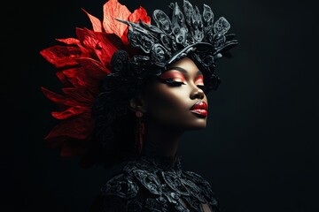 Fototapeta premium Hyper realistic fashion shoot featuring dark skinned woman in carved outfit and bold red makeup