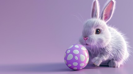 Fototapeta premium A white cartoon bunny looking at a purple speckled egg.