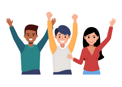 Three smiling people raising hands in unity vector illustration isolated on transparent background.