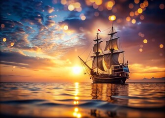 Obraz premium Majestic Ancient Carrack Sailing Ship Gliding Across a Tranquil Ocean at Sunset with Stunning Bokeh Effect Capturing the Essence of Adventure and History in a Serene Atmosphere