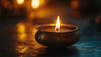 Traditional oil lamp close-up with bright flame, gentle shadows, and warm holiday decor in background. Hanukkah