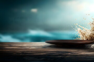 Serene Dark Walnut Wooden Table by the Shore with Gentle Waves Creating a Soft Natural Atmosphere and Beautiful Coastal View on a Calm Day