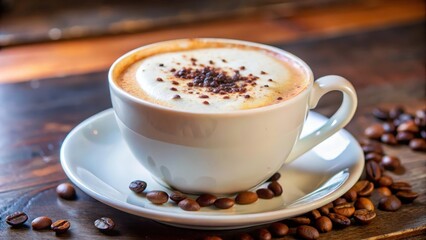 Obraz premium Aromatic Cappuccino with Creamy Foam and Sprinkled Cocoa Powder, Served on a White Saucer with Coffee Beans Scattered Around