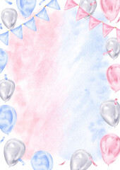 Watercolor gender reveal card with pastel pink and blue accents. Features festive balloons and garlands. Perfect for invitations or announcements with plenty of copy space for personalized details