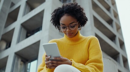 A woman in a yellow sweater is looking at her phone