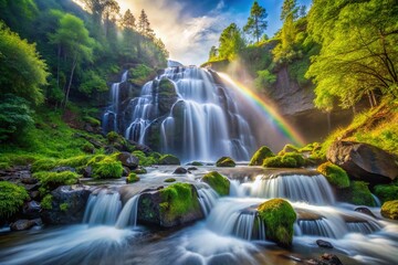 Fototapeta premium Majestic Waterfall Cascading Over Rocks in Lush Green Forest Surrounded by Nature's Beauty and Serenity, Capturing the Power and Tranquility of a Rushing Stream