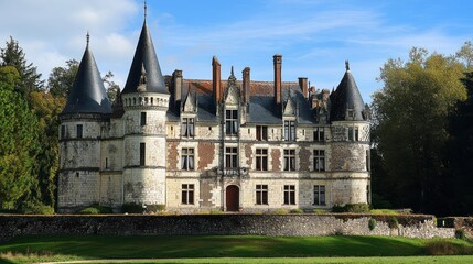 A majestic French chateau with a stone facade and tall towers, surrounded by a moat and lush green lawns.