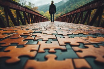 A person stands on a bridge made of puzzle pieces, symbolizing the complexity of life s journey.