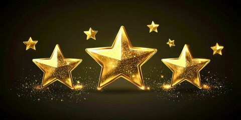 Fototapeta premium Three golden stars are arranged in a row on a black background