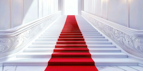 A red carpet leading up to a white staircase