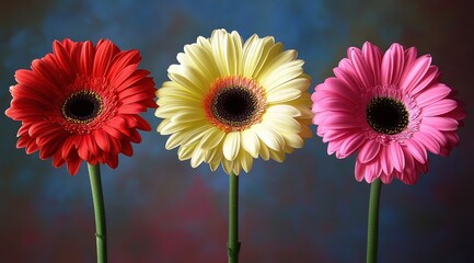 Three Bright Gerbera Flowers on Colorful Background