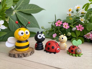 Obraz premium Minimalist Cartoon Characters of Bees, Spiders, Lady Bugs, Caterpillars, Butterflies, and Ants in a Vibrant Nature Setting for Kids' Decor and Educational Materials