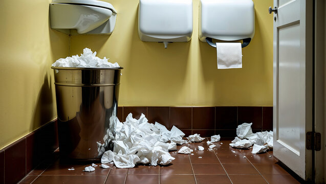 Overflowing trash in a chaotic public restroom with beige walls.