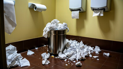 Untidy restroom with paper spill and overflowing garbage.