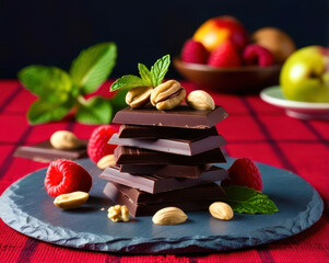 A plate of chocolate and raspberries with a green leaf on top