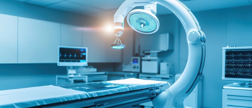 Modern surgical room with advanced robotic equipment and bright lighting, emphasizing healthcare innovation and technology.