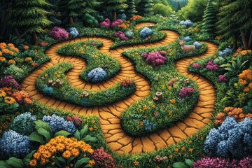 A fun coloring book with images of a maze depicting a forest path with twists and turns, hidden treasures, designed for coloring. Generative AI