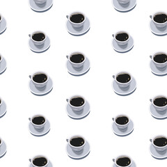 Seamless pattern with coffee cups on white background. Vector illustration.
