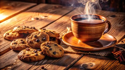 A steaming cup of coffee with a side of chocolate chip cookies on a rustic wooden table
