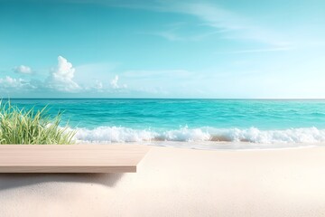 Softly Blurred Gentle Light Over Polished Wood Table Set Against Vibrant Beach and Ocean Background with Calm Waves and Clear Sky