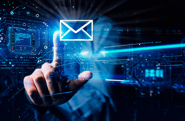 Fototapeta premium A TRANSHUMAN TOUCHING AN EMAIL ON A QUANTUM COMPUTER