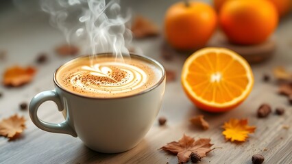 Cinnamon coffee cup with orange beverage drink for the Autumn season cappuccino