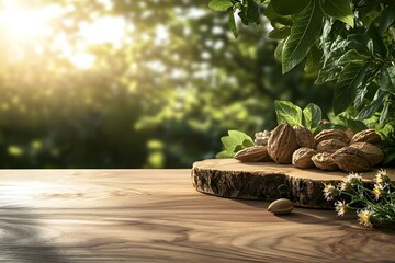 Polished Wooden Table Highlighting Rich Warm Brown Color with Almonds and Fresh Green Foliage in a Natural Setting