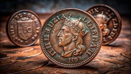 Minimalist Photography of Ancient Portuguese Copper Coins Featuring King Luiz I from the Monarchic Period Capturing the Essence of Historical Currency