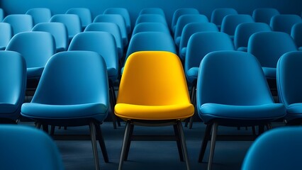Fototapeta premium Yellow color chair and a lot of blue chairs for cinema or presentation conference arrangement