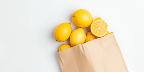 organic lemons in a paper bag on a white background, top view with blank space for text