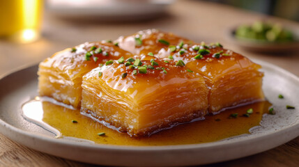 Close-up of sweet honey-drenched baklava dessert with chopped pistachios on a plate
