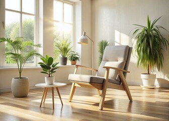 Minimalist Scandinavian Style Lounge Chair with Wooden Legs Bathed in Sunlight in a Cozy Room, Highlighting the Beauty of Natural Light and Simple Design Elements