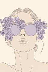 A minimal single line art of a woman with pastel-colored lilacs adorning her eyes, symbolizing love and tranquility, hand-drawn style minimalist line art, beige colors and soft lilac and white tones