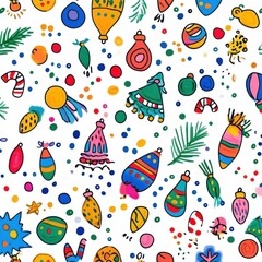 Abstract seamless pattern Christmas big colorful doodles, white background