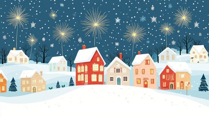 Fototapeta premium Serene Winter Village Night Skyline with Festive Lights and New Year's Fireworks