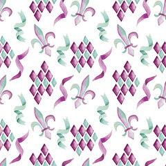 Seamless watercolor pattern for Mardi Gras holiday. Fleur de lis, purple and green ribbons isolated on white background. Design for gift wrapping.