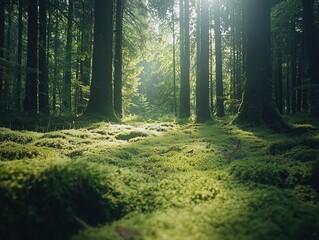 Obraz premium Lush Green Forest with Sunlight Filtering Through the Canopy