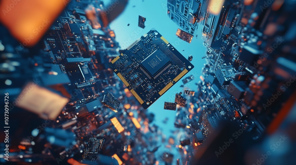 Poster A circuit board floats in a chaotic field of electronic debris, creating an abstract, futuristic image.