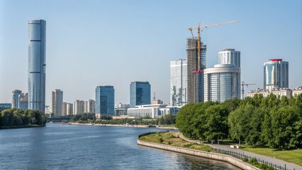 Naklejka premium Modern Yekaterinburg: Contemporary Buildings and Iset River Embankment in Minimalist Style Capturing Urban Development and Scenic Views of the City