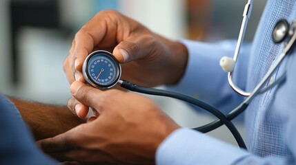 A healthcare provider checking a patient's blood pressure with a sphygmomanometer. The provider is of African descent, emphasizing the importance of diversity in healthcare.