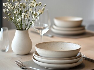 Meticulously Arranged Dining Table Setting with Porcelain Plates and Floral Centerpiece