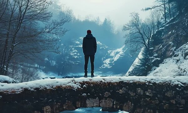 Man Standing on a Bridge in a Snowy Forest