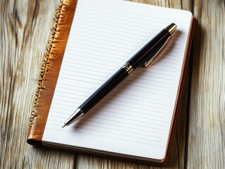 Elegant Notebook with Ballpoint Pen on Wooden Table